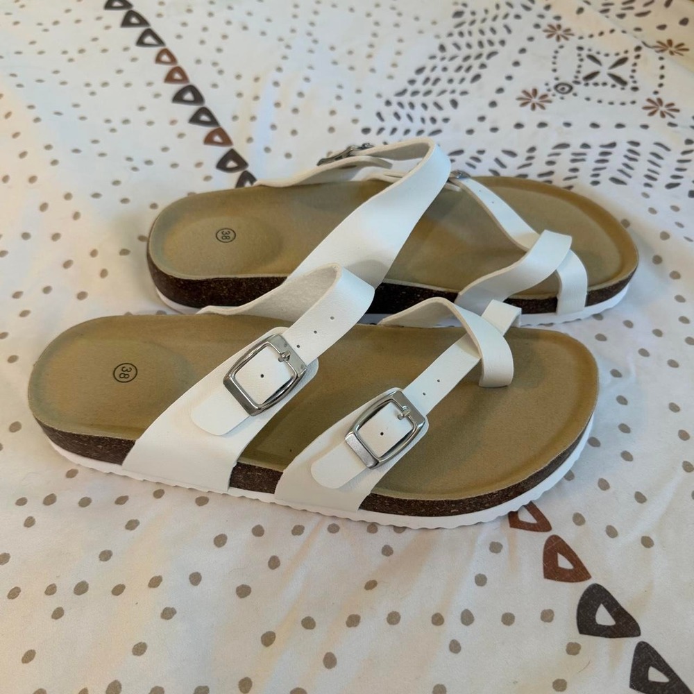 White Buckle Toe-Ring Cork Footbed Slide Sandals Size: EU 38 / US 7